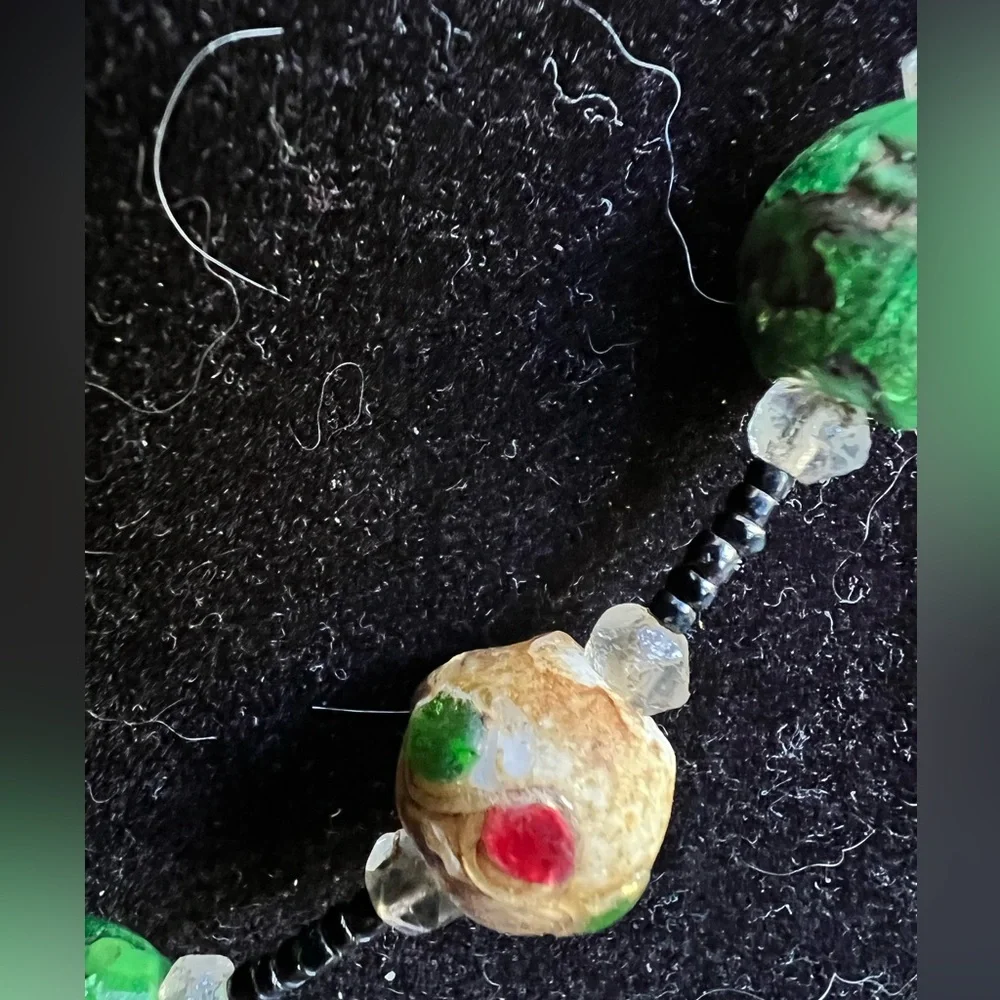 Vintage wedding cake glass beads hand knotted green, cream and red necklace.